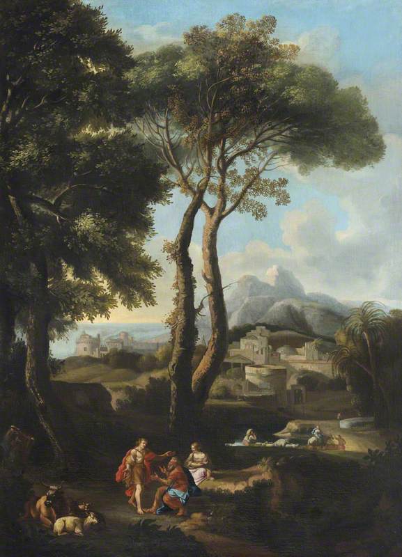 A Classical Landscape with Two Figures Greeting One Another, Cattle, and a Town beyond