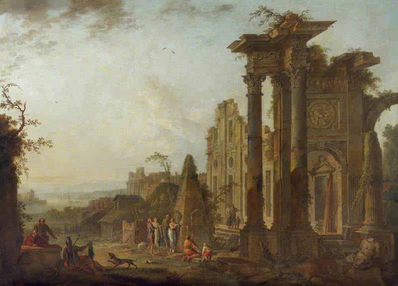 Antique Ruins with Figures and a Pyramid