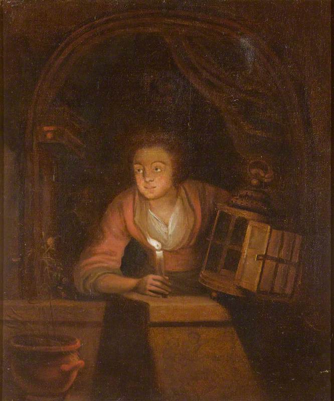 A Woman Holding a Candle and a Lantern at a Window