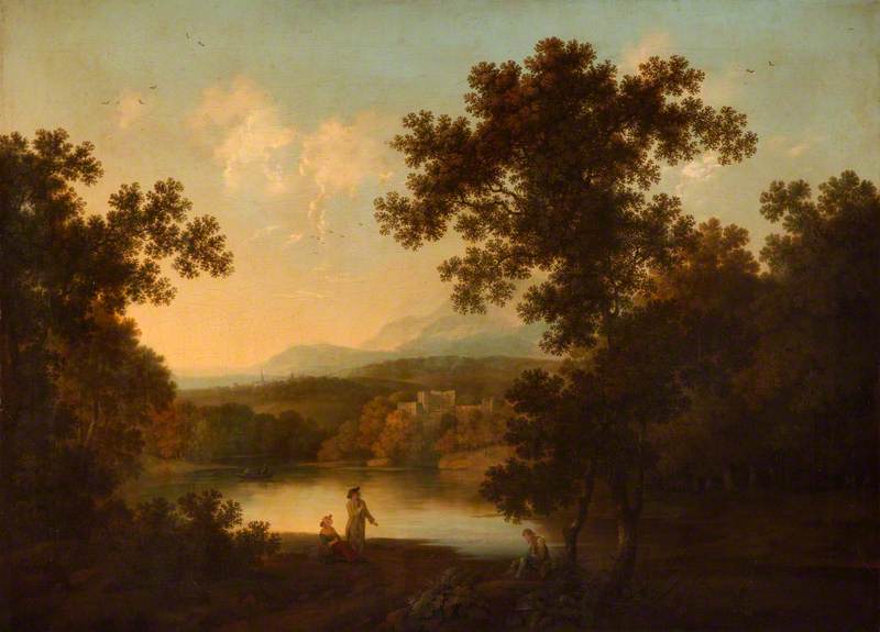 A Landscape with Views of a Ruined Castle and a Distant Town Seen Over Water