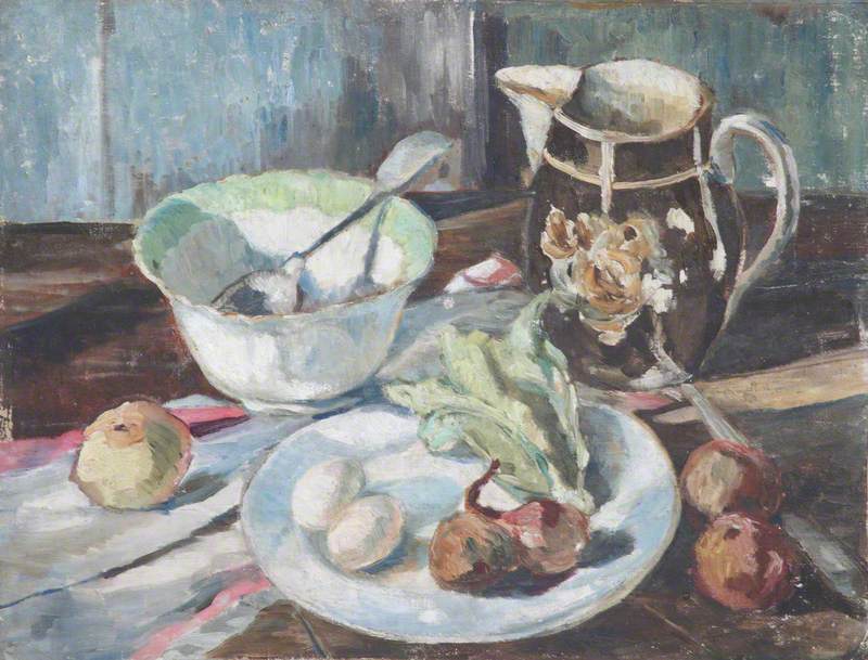Still Life with Onions, Food on a Dish, a Spoon in a Bowl and Lustreware Jug