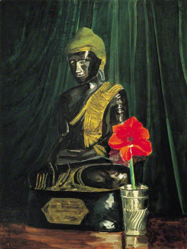 Bronze Buddha and Scarlet Hippeastrum