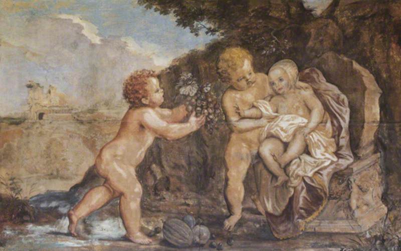 Two Putti Offering a Baby a Bunch of Grapes