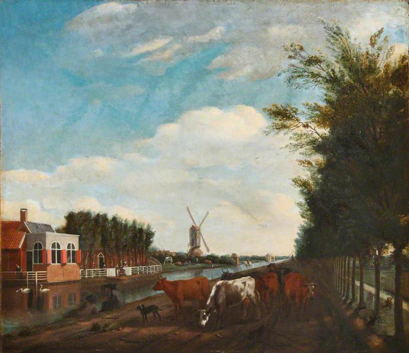Cows by a Canal with Two Fishermen