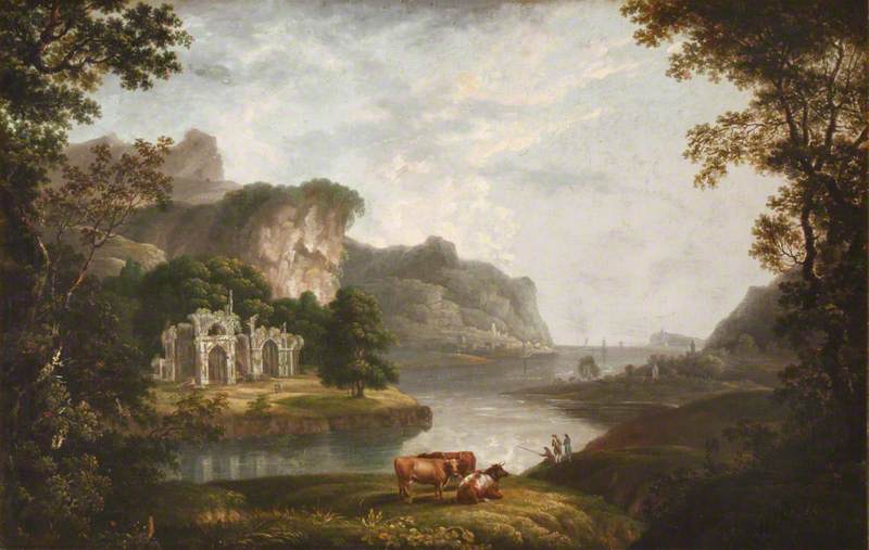 Wooded River Landscape with Drovers and Cattle beside a Ruined Castle