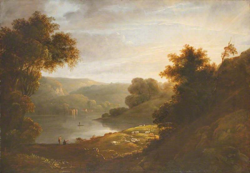 River Landscape with Sheep on the Near Bank and a Boat House on the Far Bank
