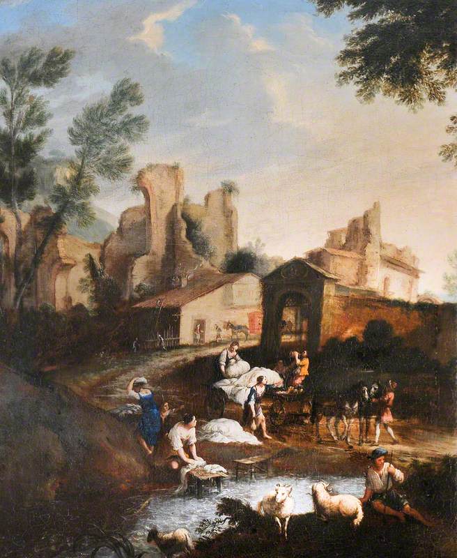 View of a Village with Washerwomen, Sheep and a Drover's Cart