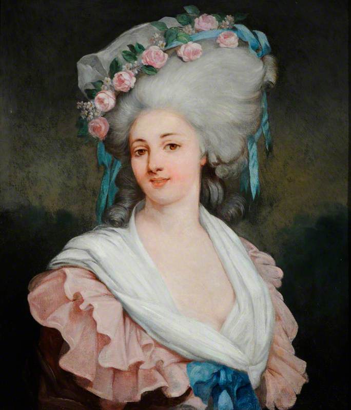 Portrait of a Lady in Pink with Rose Band on Her Hair
