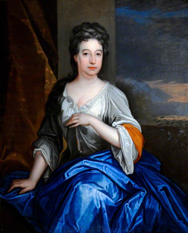 Portrait of an Unknown Lady with a Blue Mantle, Seated by an Opening to a Landscape