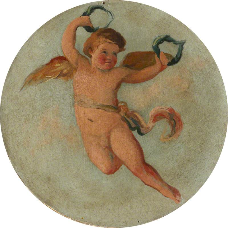 Ceiling Roundel: Putto Flying with Two Laurel Wreaths