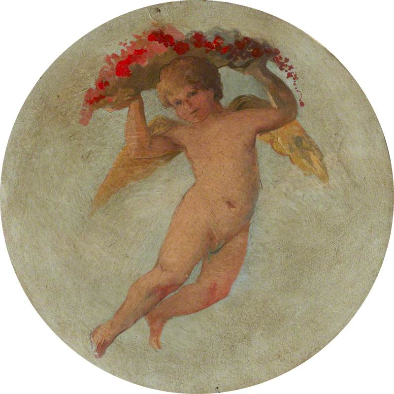Ceiling Roundel: Putto Flying and Holding Up Flowers above His Head