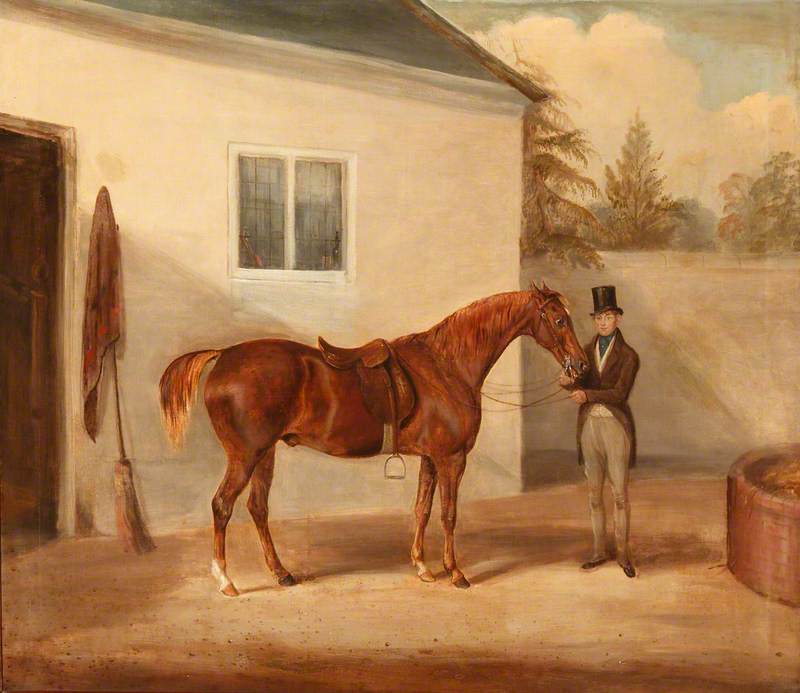 A Gentleman and His Chestnut Horse outside a Stable