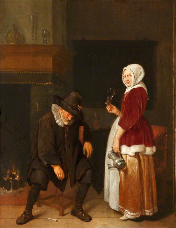 An Old Man Sleeping by a Fireside Attended by a Maidservant