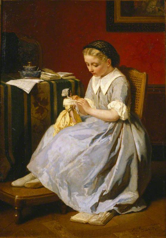 A Girl in Blue Dressing Her Doll