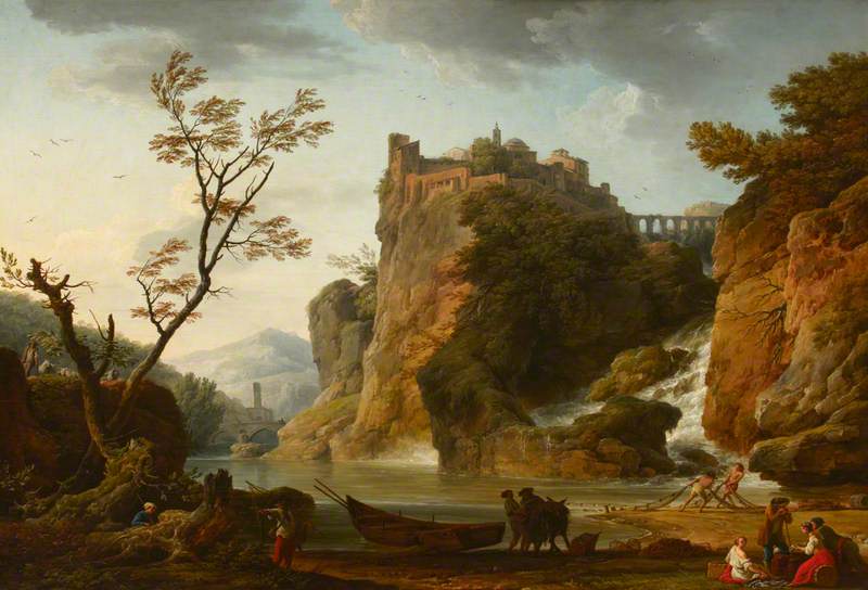A River Landscape with a Waterfall, and a Castle and Aqueduct above
