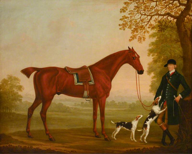 A Bay Horse in a Landscape, with his Groom and Two Hounds