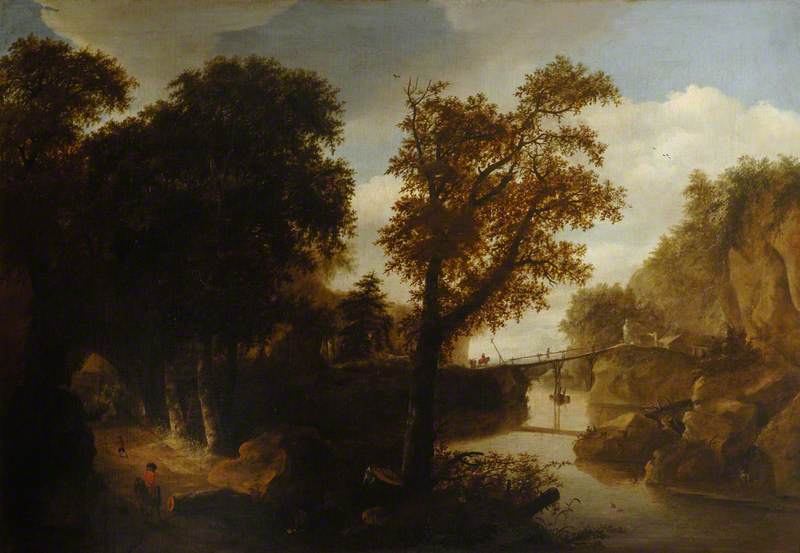 A Wooded Landscape with Two Men Hunting