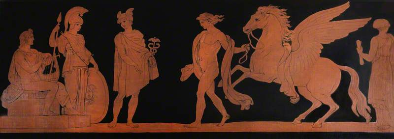 Set of Allegorical Painted Panels: Inspiration; Bellerophon and Pegasus before Athena, Apollo and Hermes