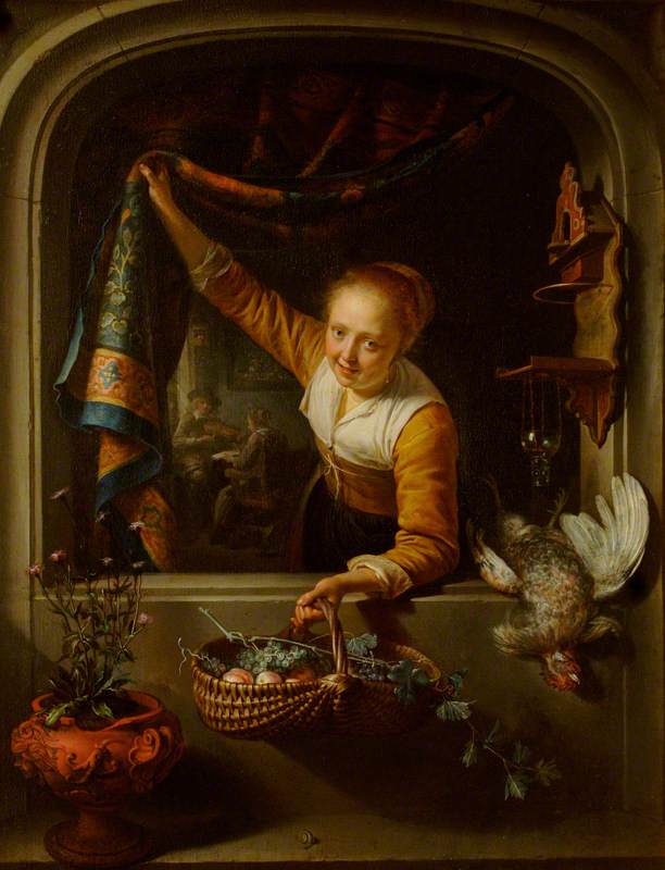 A Girl with a Basket of Fruit at a Window