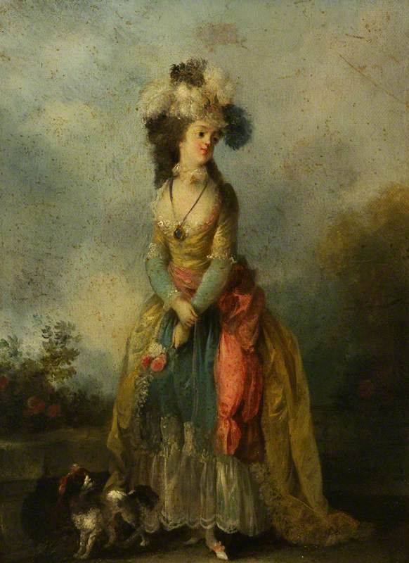 A Lady Walking with a King Charles Spaniel
