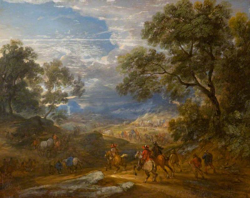 Wooded Landscape with Horsemen and a Baggage Train on a Road