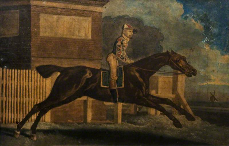 'The Terrible Horse Trentham', a Racehorse with Jockey Up in Harlequin Colours