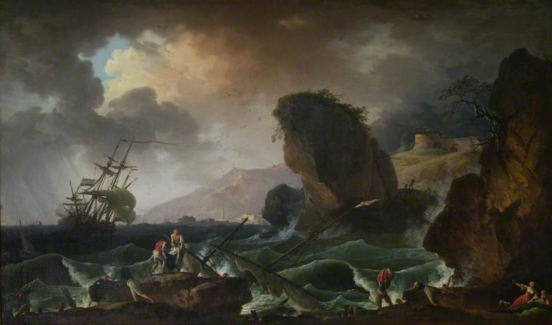 A Rocky Coast with Survivors Being Retrieved from a Wreck