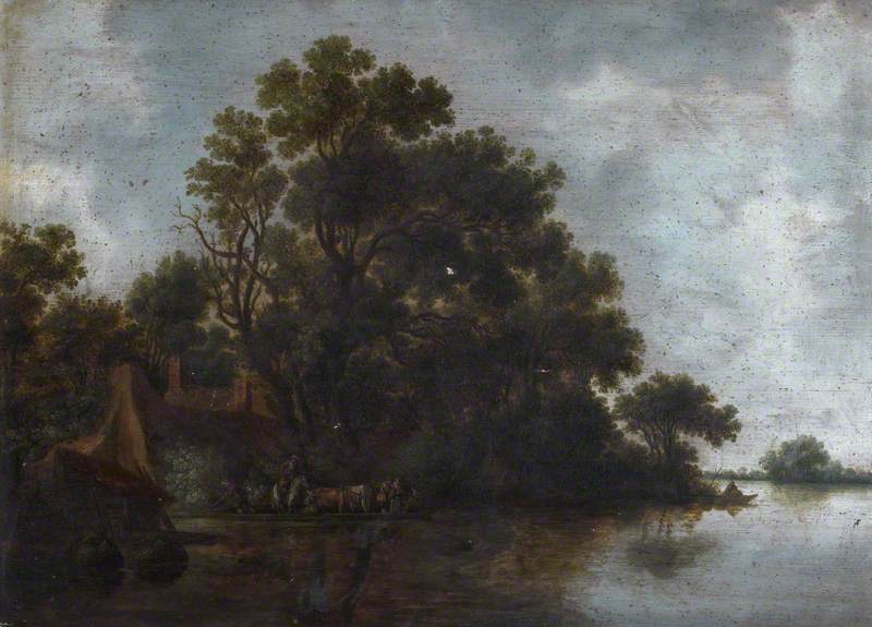 Wooded River Landscape with Cottages, a Ferry Boat, Cattle and Figures