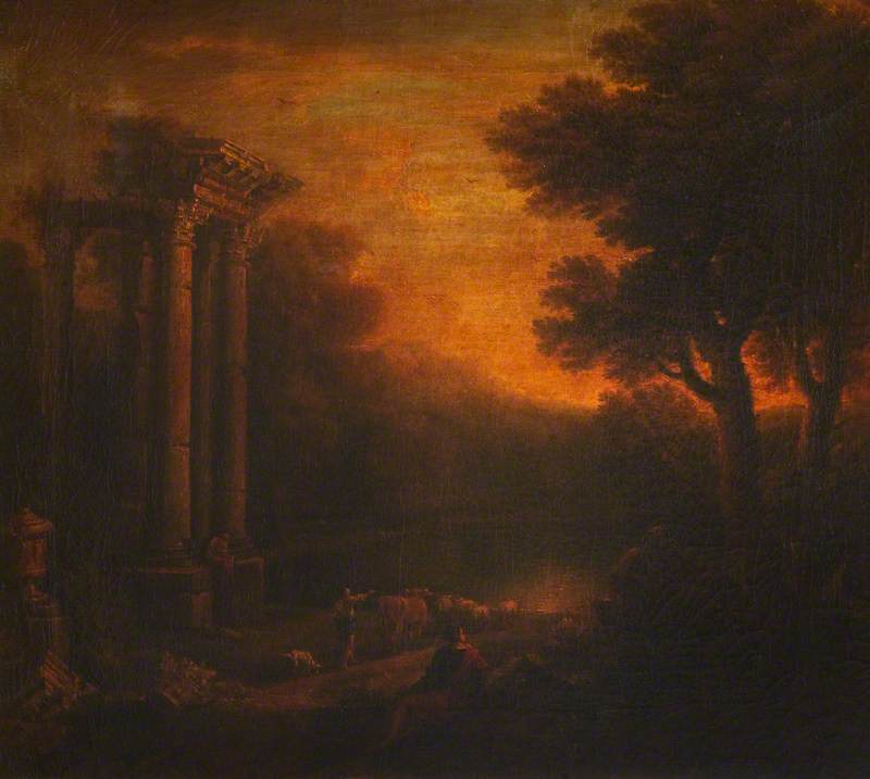 An Italianate Landscape with a Ruined Temple, Figures and Cattle
