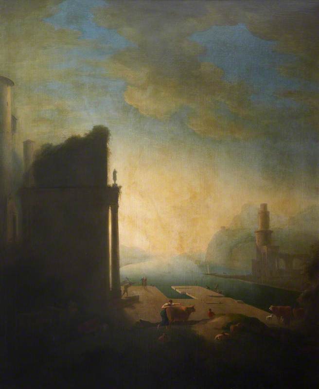 Capriccio Coastal Inlet with Classical Ruins, Figures, Cattle and Sheep