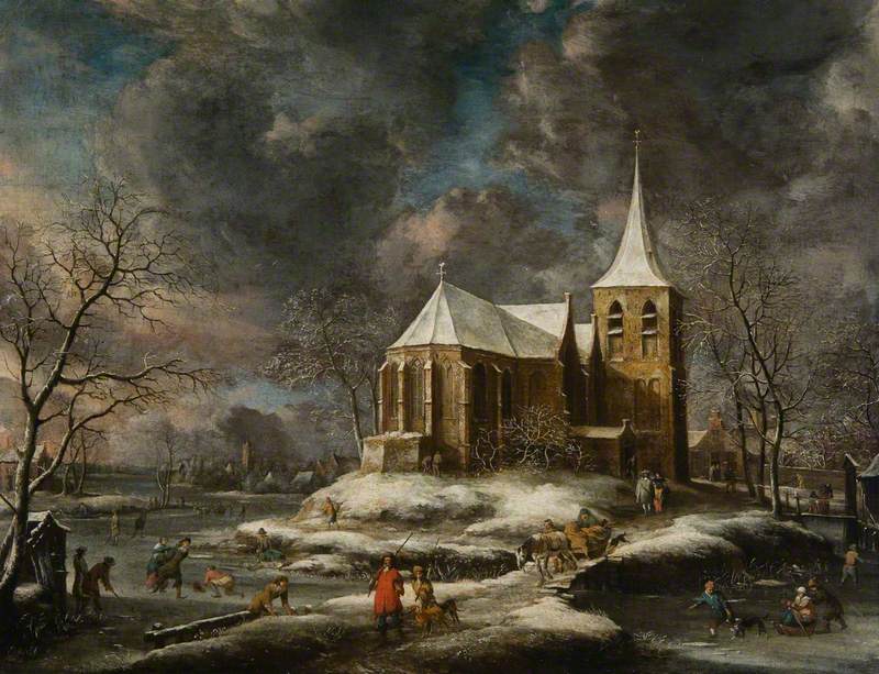 Winter Landscape with Figures by a Bridge to a Church