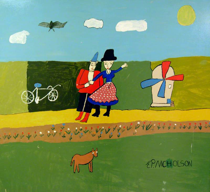 Two Figures with a Windmill, a Bicycle and a Dog in a Field