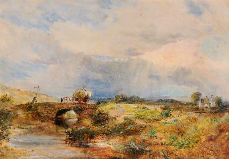Rural Scene of Hay Cart Crossing Bridge