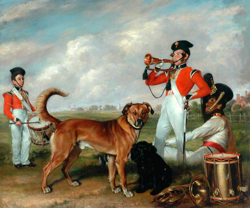 Buglers and Drummers with Dogs on the Parade Ground