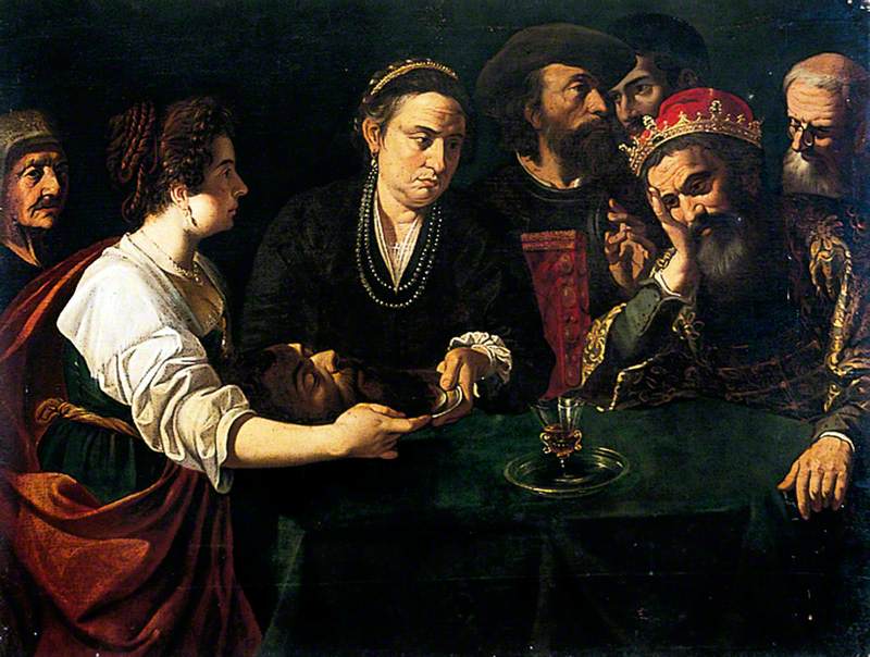 Herodias mutilating St John the Baptist's head, held by Salome