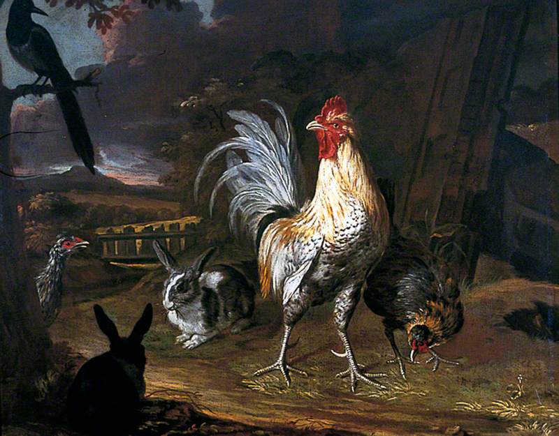 Rabbits, a Cockerel and a Hen with a Landscape Background