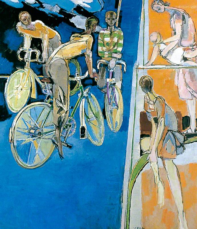 Cyclists against a Blue Background