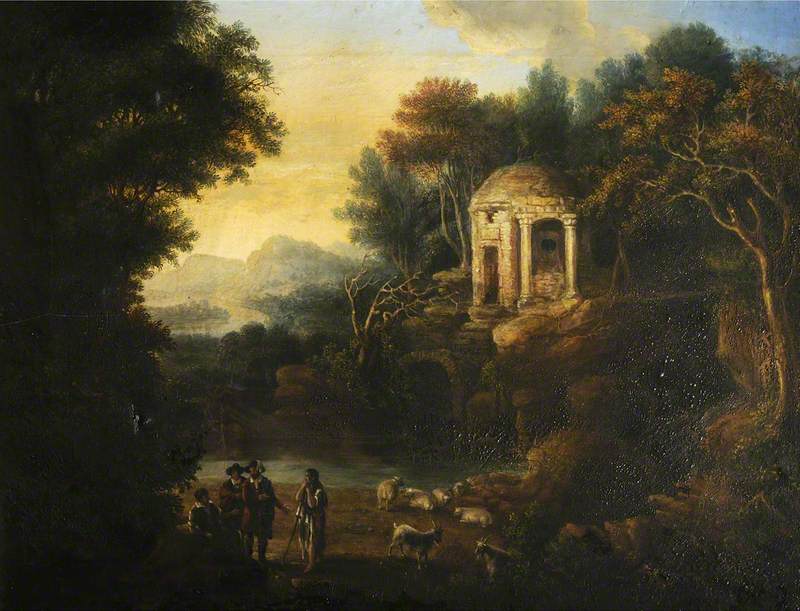 Landscape with Four Figures, Goats and Sheep by a River
