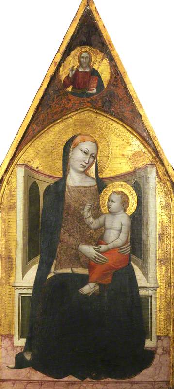 Virgin and Child Enthroned: in a Medallion above, Christ Blessing