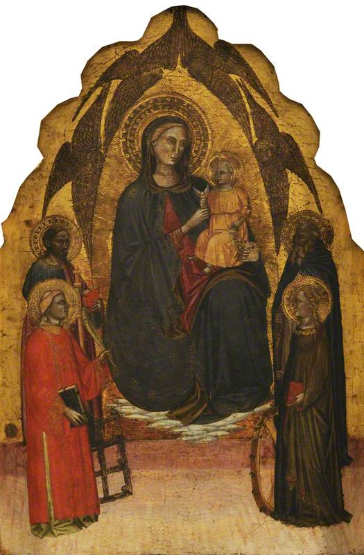 The Virgin and Child, Seated on Clouds, with a Mandorla of Winged Cherubs' Heads above, Saints Lawrence and James on the Left, and Catherine and Anthony Abbot on the Right