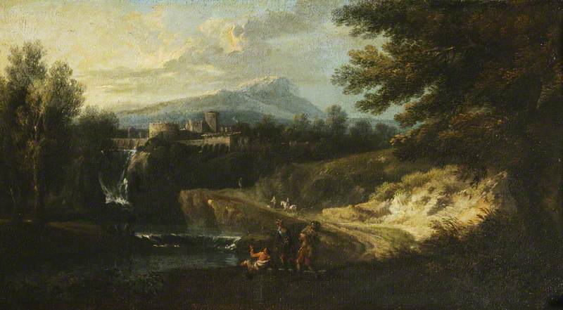 Romantic Landscape with Figures by a River, a Citadel in the Middle Distance