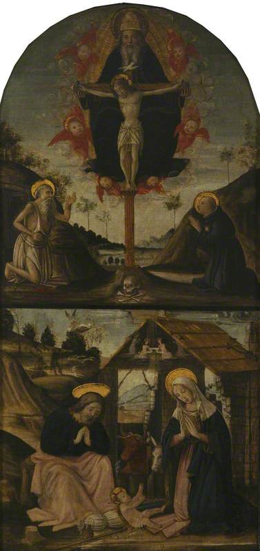The Trinity Adored by Saints Jerome and Nicholas of Tolentino; below, the Nativity