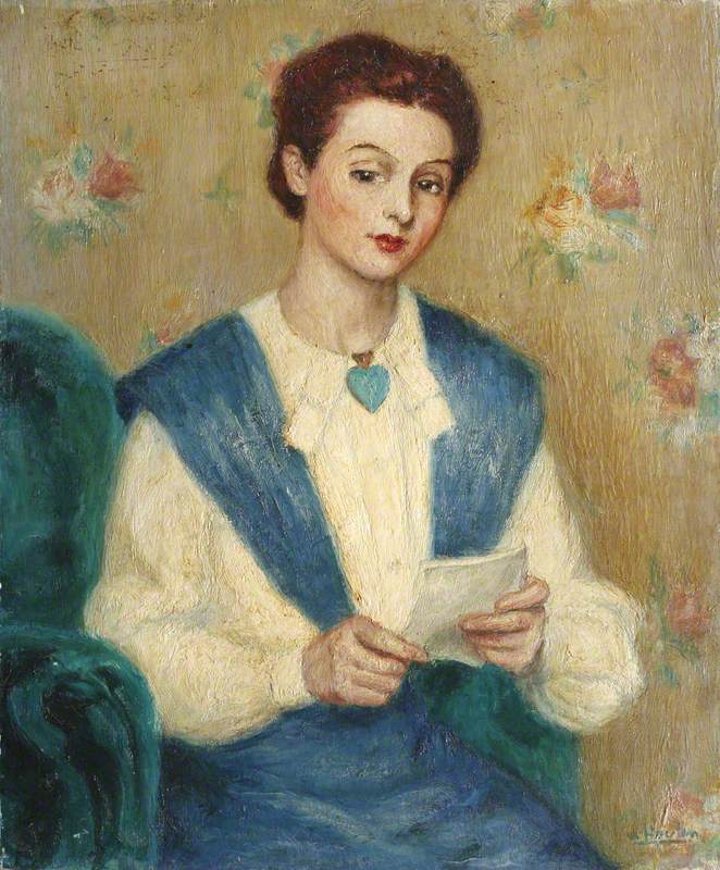 Lady in Blue and White Reading a Letter