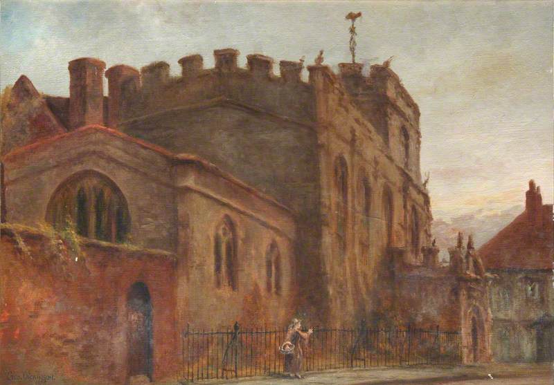 A Church with a Female with a Basket by Railings
