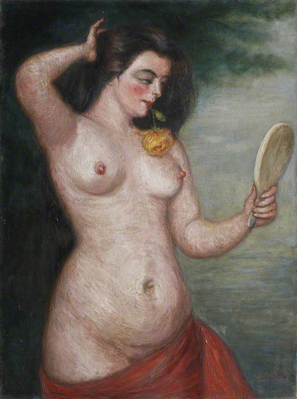 Nude Holding Mirror Adjusting Her Hair
