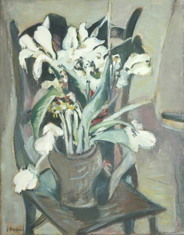 White Tulips in a Vase on a Chair