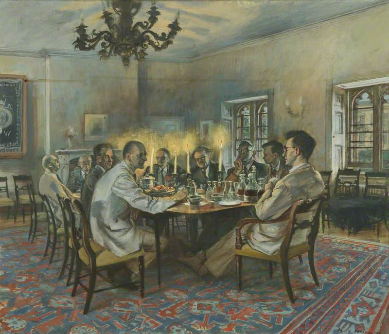 Group in Summer Common Room: P. Johnson (1904–1996), C. A. Cooke (1903–2001), A. W. Raitt (1930–2006), C. Grayson (1920–1998), C. G. Hardie (1906 –1988) , R. S. Stanier (1907–1980), H. M. Sinclair (1910–1990), G. N. C. Crawford (b.1919) and B. B. Lloyd (1920–2010)