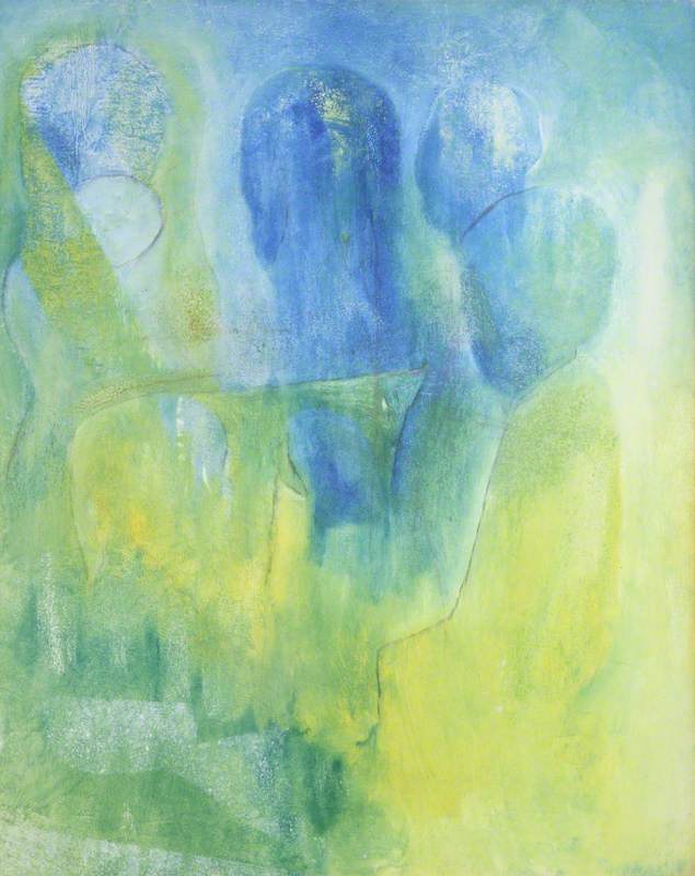 Four People in Blue and Green Hues