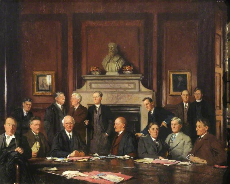 Group Portrait, Top Row: D. L. Keir, W. A. Walker, A. D. Gardner, G. D. H. Cole, J. C. R. Maud, A. L. Goodhart, J. H. S. Wild, Bottom Row: E. J. Bowen, A. B. Poynton, Sir Michael Sadler (Master), A. S. L. Farquharson, E. F. Caritt, G. H. Stevenson, K. K. M. Leys