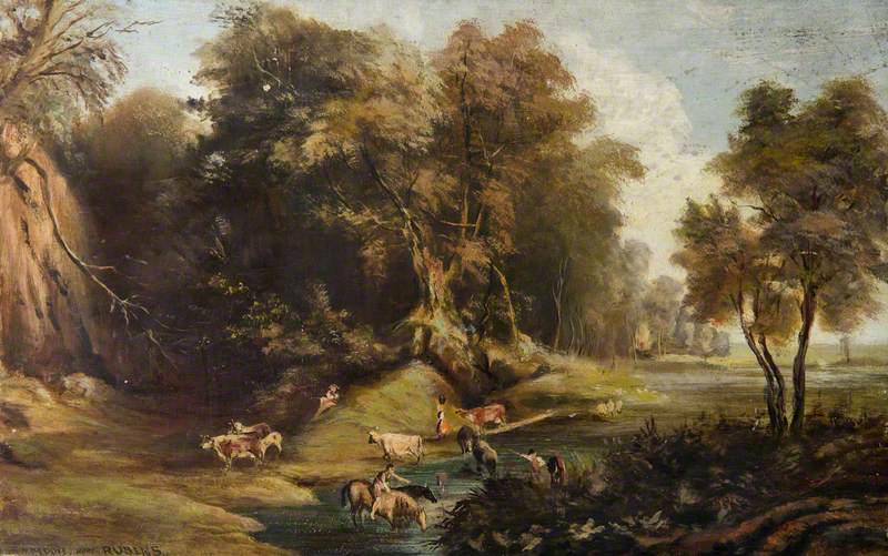 Watering Horses in a Wooded Landscape